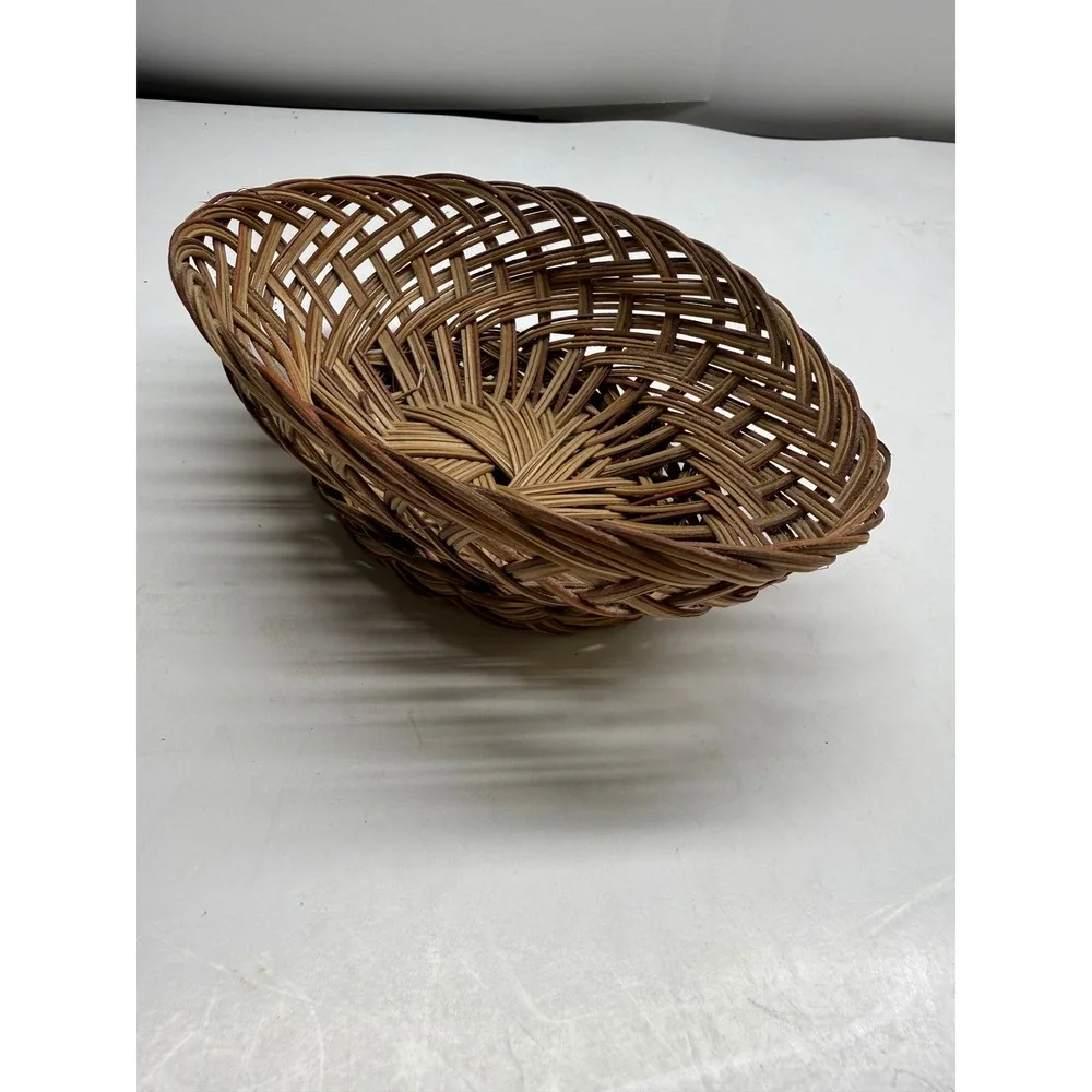 Vintage Oval Wicker Basket Handcrafted Open Weave Lattice Boho Decor Brown